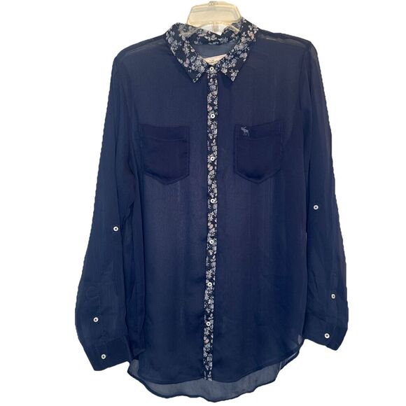 Abercrombie Fitch Women BLUE Chiffon Roll Tab Button Up Shirt Sheer Blouse Top L - Picture 1 of 7